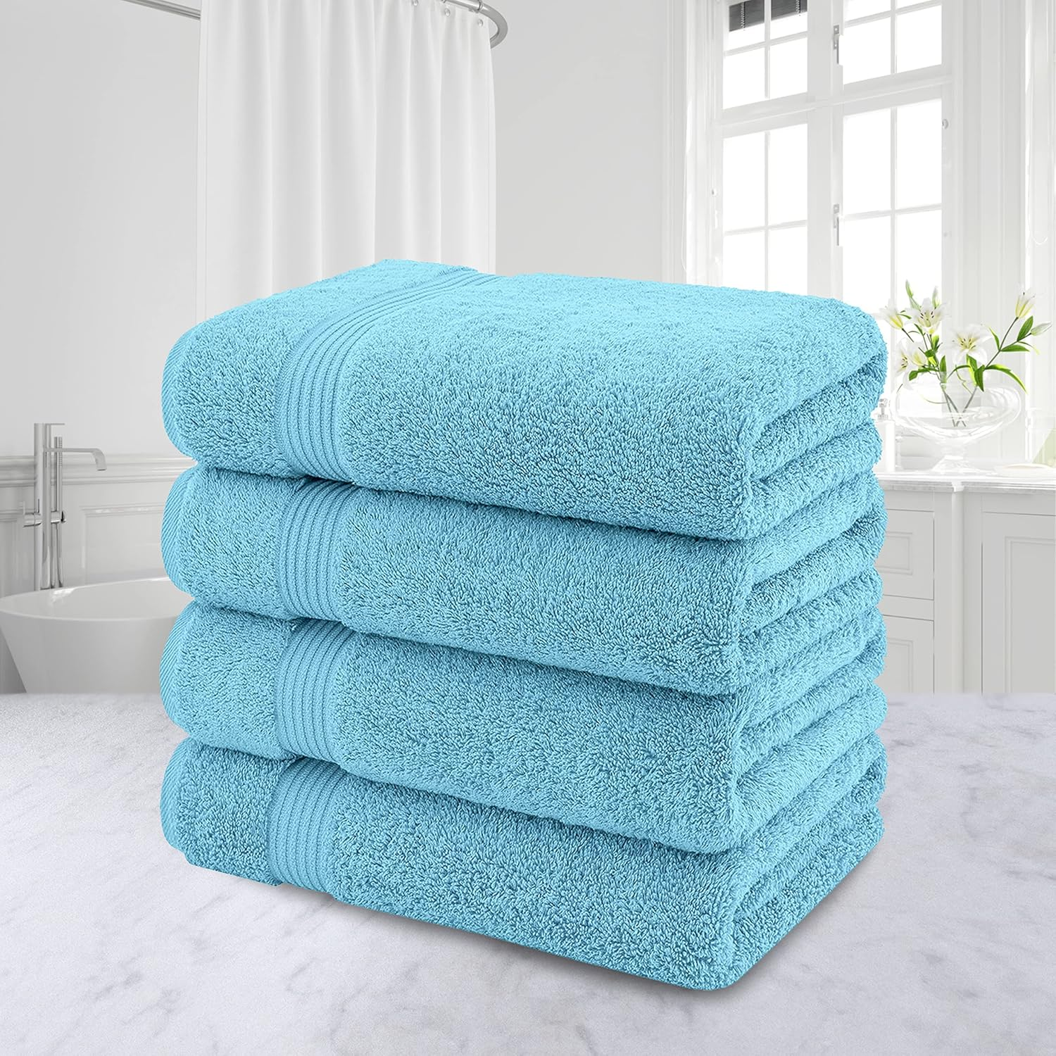 100% Cotton Turkish Bath Towels for Bathroom, 4 Pack, 27" x 54" Extra Large Premium Soft & Absorbent Towels, Quick-Drying Plush Cotton Bathroom Towels for Home, Hotel, Spa & Gym, Luxury Bath Towel Set – Sky Blue - Image 4