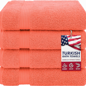 100% Cotton Turkish Bath Towels – 4 Pack, 27" x 54" Extra Large, Premium Soft, Absorbent & Quick-Drying Bathroom Towels – Coral