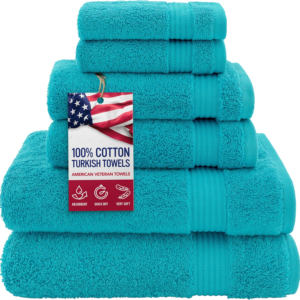 100% Cotton Turkish 6-Piece Towel Set – Luxury Soft & Absorbent Bathroom Essentials with 2 Bath Towels, 2 Hand Towels & 2 Washcloths, Premium Quick-Dry Turkish Cotton Towels for Home, Hotel & Guest Bathroom – Aqua Blue