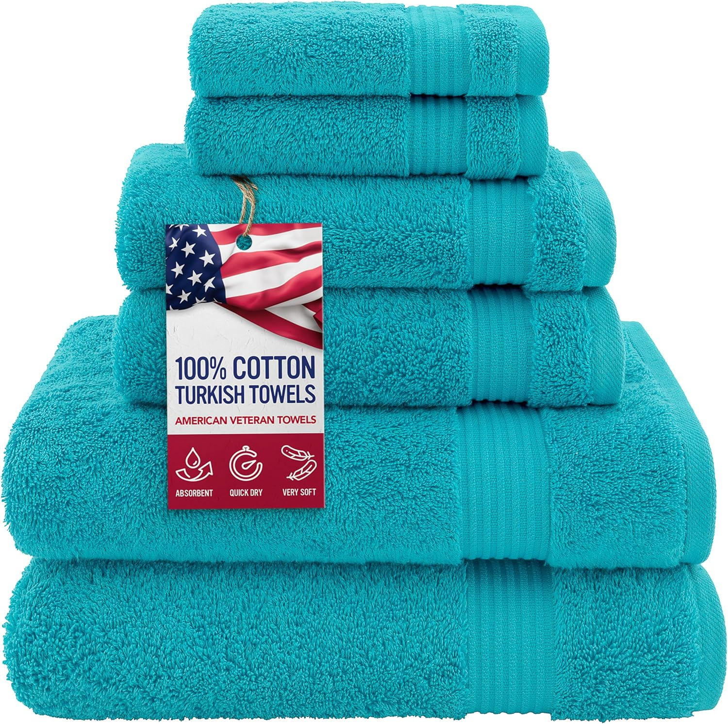 100% Cotton Turkish 6-Piece Towel Set – Luxury Soft & Absorbent Bathroom Essentials with 2 Bath Towels, 2 Hand Towels & 2 Washcloths, Premium Quick-Dry Turkish Cotton Towels for Home, Hotel & Guest Bathroom – Aqua Blue