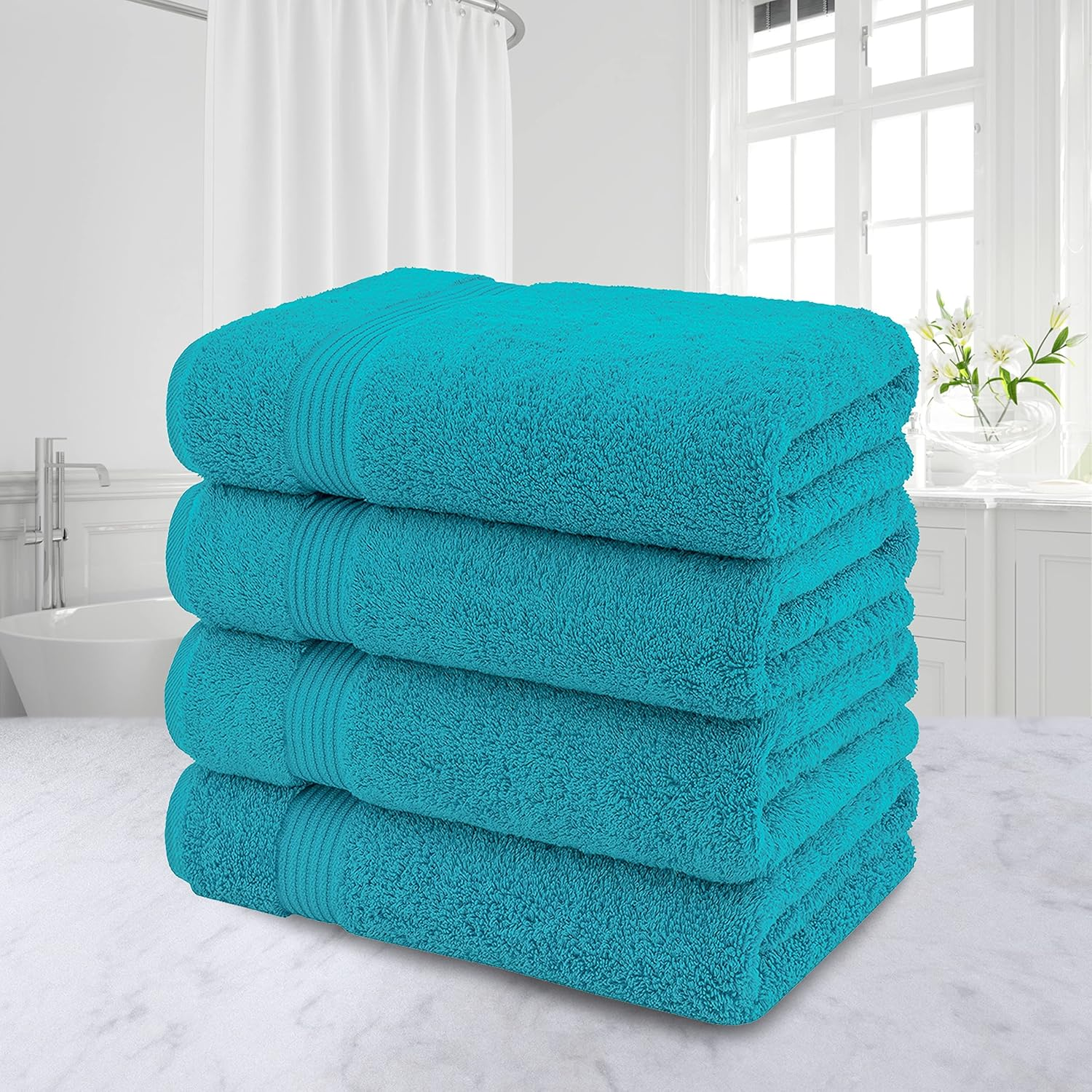 100% Cotton Turkish Bath Towels for Bathroom, 4 Pack, 27" x 54" Extra Large Premium Towels, Soft, Highly Absorbent & Quick Drying, Fluffy and Comfortable Bathroom Towels for Home, Hotel, Spa & Gym – Aqua Blue - Image 2
