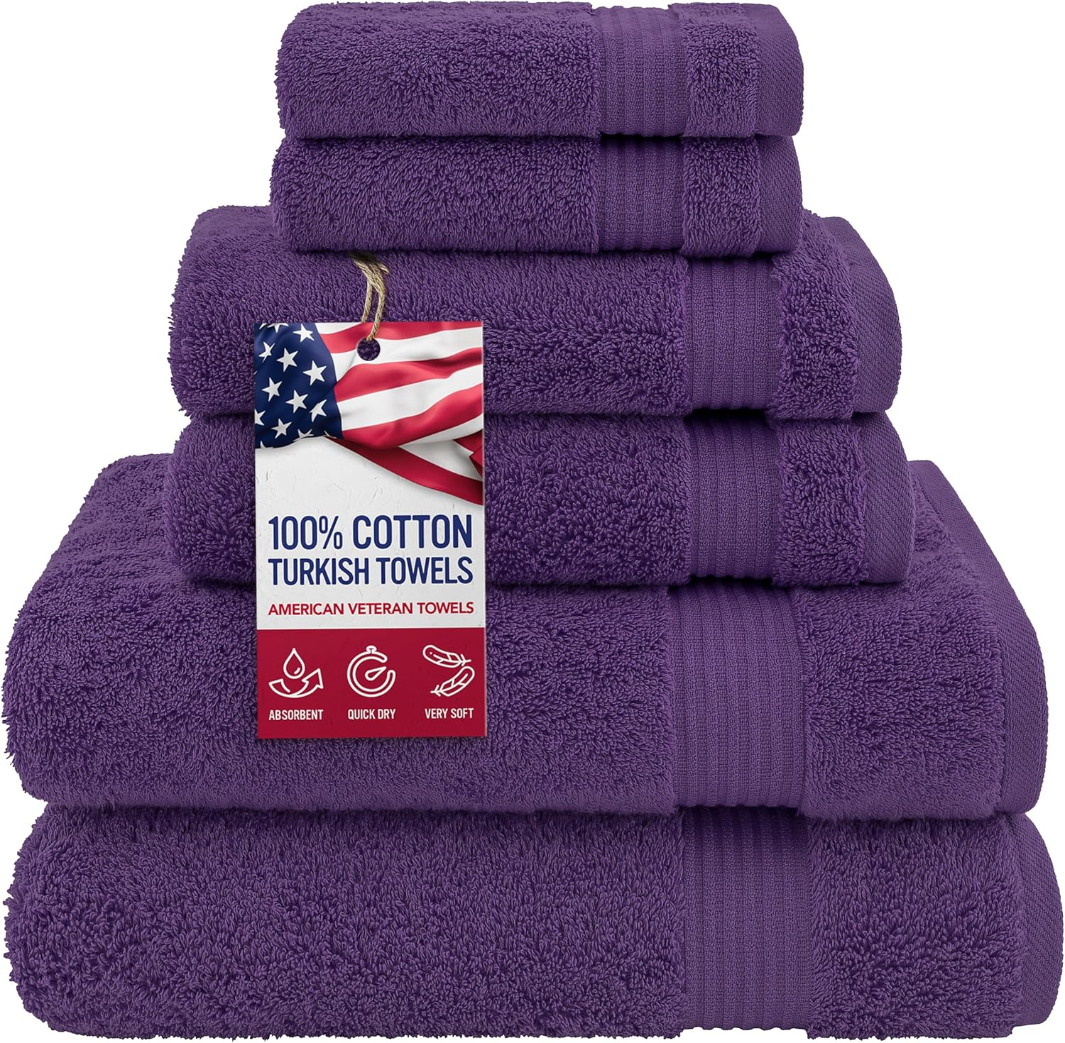 , 100% Cotton Turkish 6 Piece Towel Set, Luxury Towels Set of 6 for Bathroom Essentials, 2 Bath Towels 2 Hand Towels 2 Washcloths, Purple