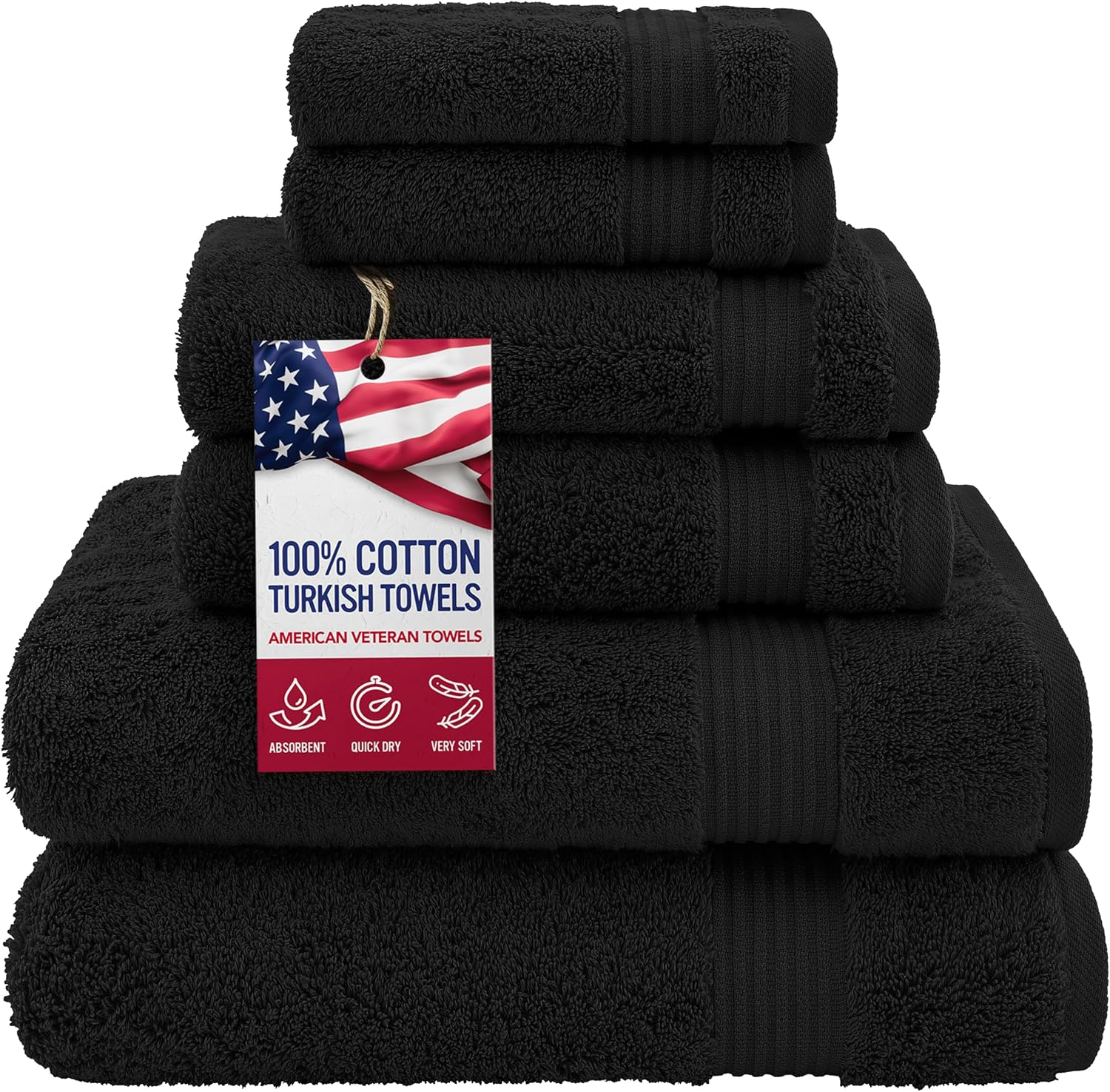 100% Cotton Turkish 6 Piece Towel Set – Luxury Soft & Absorbent Bathroom Essentials, Includes 2 Bath Towels, 2 Hand Towels & 2 Washcloths, Premium Quick-Dry Towels for Home, Guest Bath, Hotel & Spa – Black - Image 2