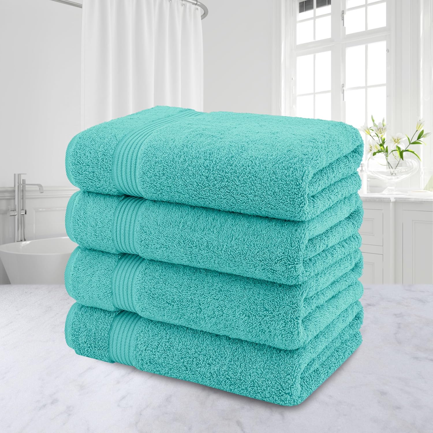 100% Turkish Cotton Bath Towels – 4-Pack, 27" × 54" Extra-Large, Premium Soft, Highly Absorbent & Quick-Drying Bathroom Towels, Turquoise Blue - Image 2