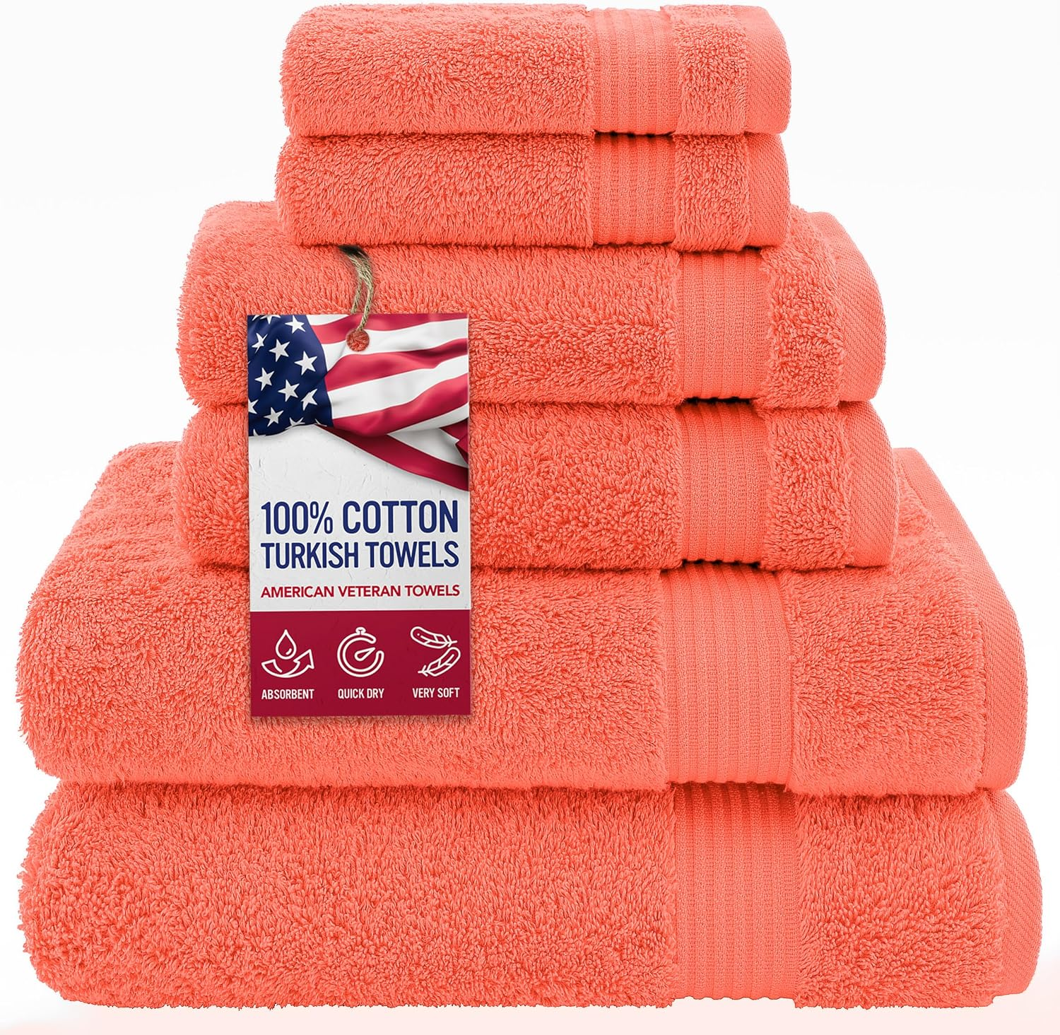 100% Cotton Turkish 6-Piece Towel Set – Luxury Soft & Absorbent Bathroom Essentials with 2 Bath Towels, 2 Hand Towels & 2 Washcloths. Premium, Durable and Quick-Drying Towel Set for Home, Guest Bath & Spa – Coral. - Image 2