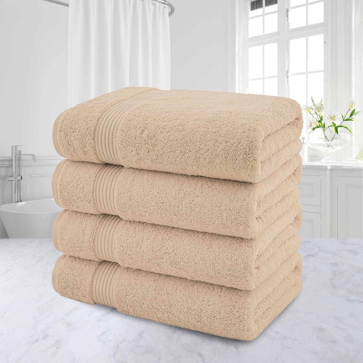 100% Turkish Cotton Bath Towels – 4-Pack, 27" × 54" Extra-Large, Premium Soft, Highly Absorbent & Quick-Drying Bathroom Towels, Beige - Image 3