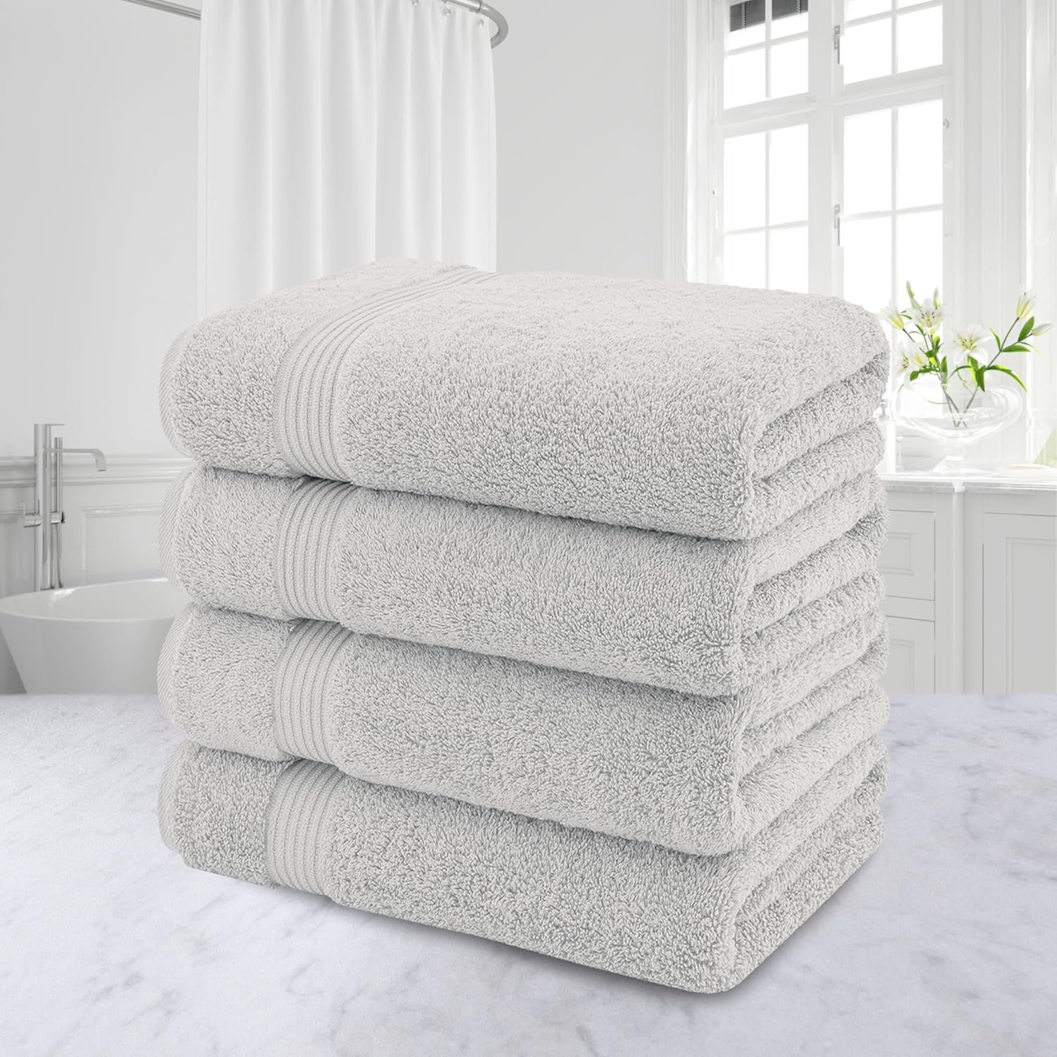 100% Cotton Turkish Bath Towels – 4 Pack, 27" x 54" Extra Large, Premium Soft, Absorbent & Quick-Dry Bathroom Towels – Silver Grey - Image 3