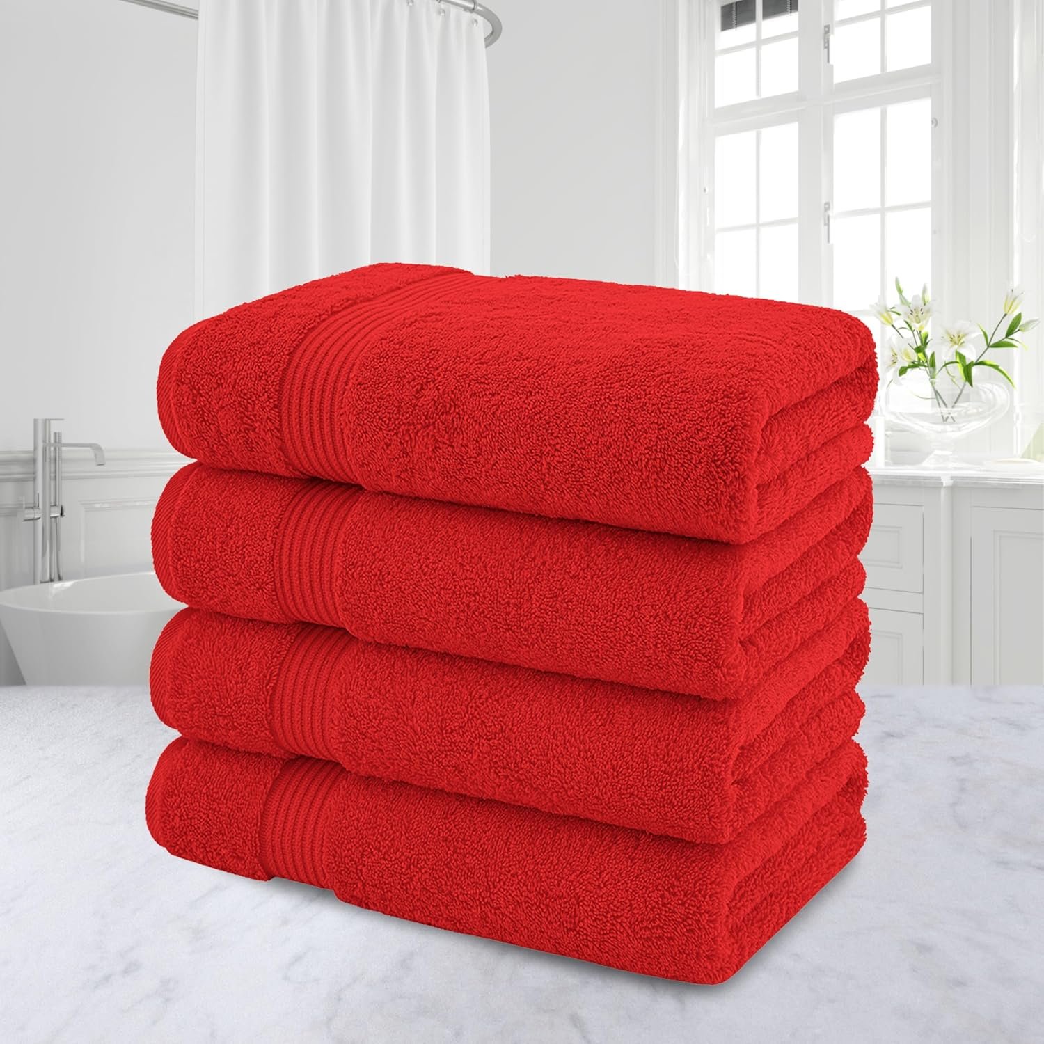 100% Cotton Turkish Bath Towels for Bathroom, 4 Pack, 27" x 54" Extra Large Premium Towels, Soft, Absorbent & Quick Drying, Plush and Comfortable Everyday Bathroom Towels for Home, Hotel, Spa & Gym – Red - Image 3