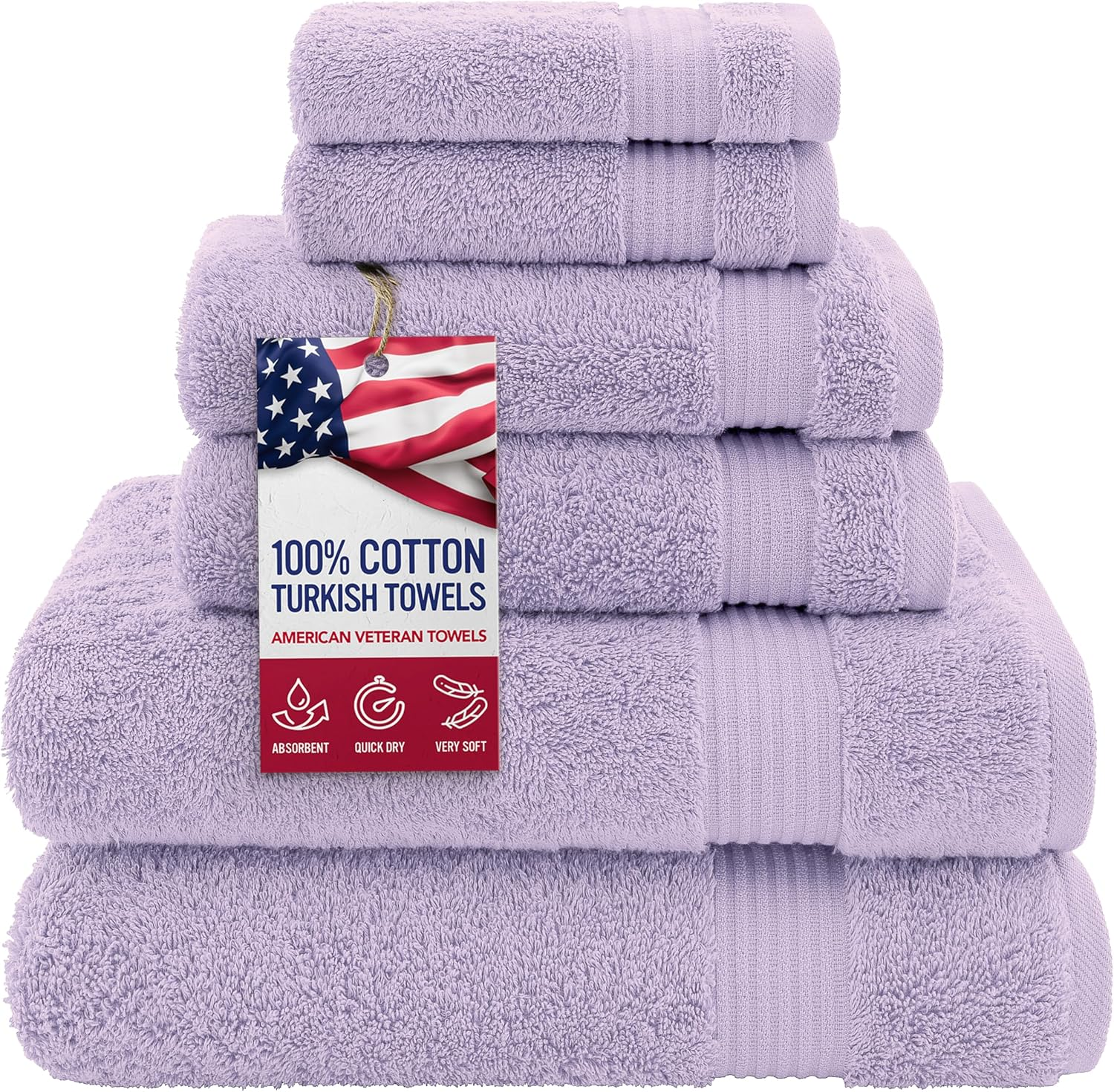 100% Cotton Turkish 6 Piece Towel Set, Luxury Soft & Absorbent Bathroom Towels, Includes 2 Bath Towels, 2 Hand Towels & 2 Washcloths, Premium Quick-Dry Turkish Cotton Bathroom Essentials, Lilac - Image 2