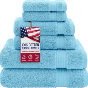 100% Cotton Turkish 6-Piece Towel Set – Luxury Bathroom Essentials with 2 Bath Towels, 2 Hand Towels & 2 Washcloths, Premium Soft, Absorbent, Quick-Drying Towels for Home, Hotel & Guest Bathroom – Sky Blue