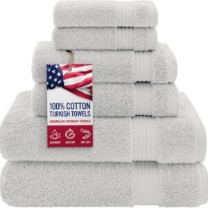 100% Cotton Turkish 6-Piece Towel Set – Luxury Soft & Absorbent Bathroom Towels, Includes 2 Bath Towels, 2 Hand Towels & 2 Washcloths, Premium Quick-Dry Everyday Bathroom Essentials – Silver Grey
