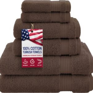 100% Cotton Turkish 6 Piece Towel Set for Bathroom, Luxury Soft & Absorbent Towels, Includes 2 Bath Towels, 2 Hand Towels & 2 Washcloths, Premium Quick-Dry Bathroom Essentials for Home, Hotel & Guest Bath, Brown