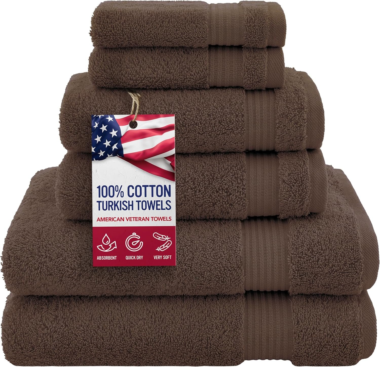 100% Cotton Turkish 6 Piece Towel Set for Bathroom, Luxury Soft & Absorbent Towels, Includes 2 Bath Towels, 2 Hand Towels & 2 Washcloths, Premium Quick-Dry Bathroom Essentials for Home, Hotel & Guest Bath, Brown