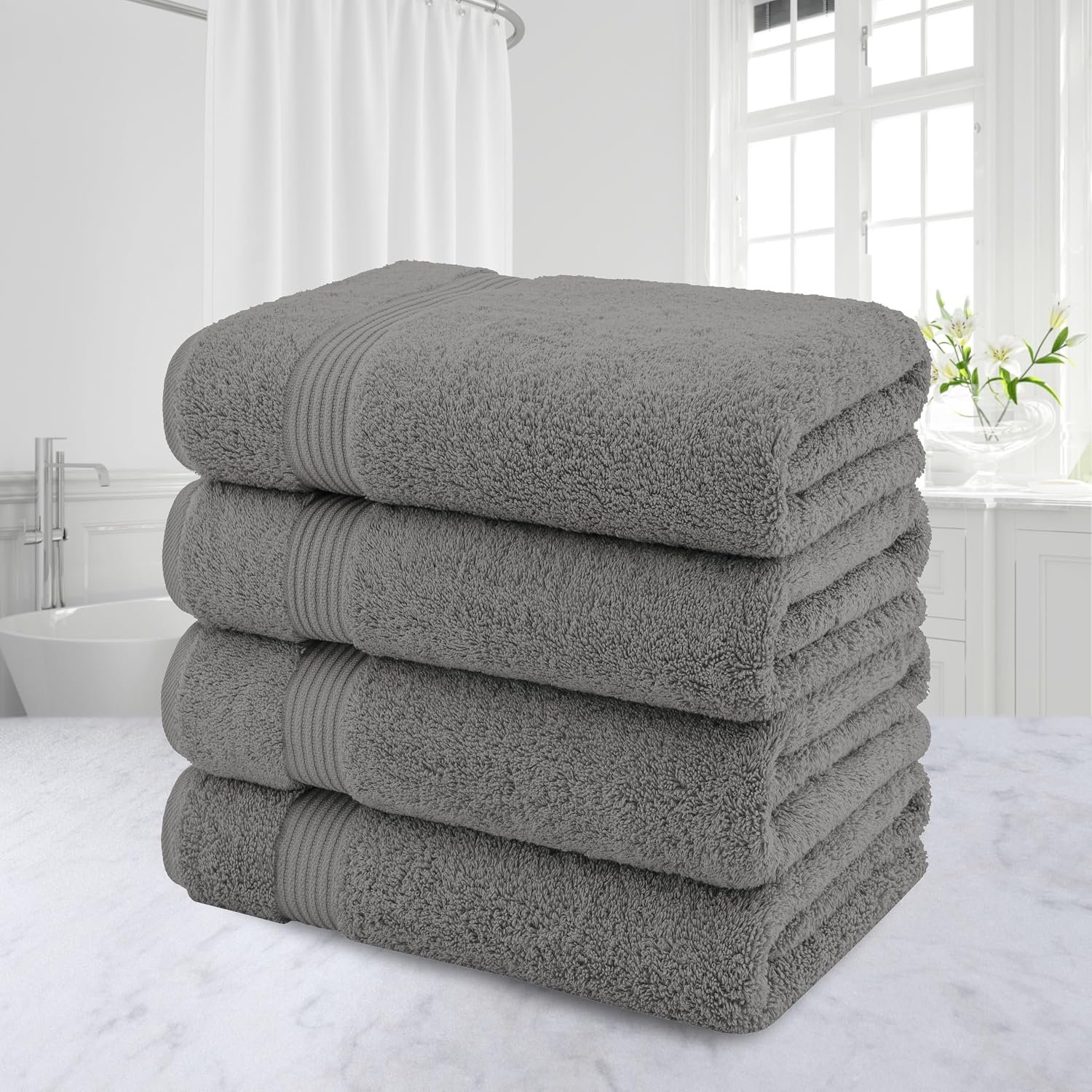 100% Cotton Turkish Bath Towels for Bathroom, 4 Pack, 27" x 54" Extra Large Premium Towels, Soft, Highly Absorbent & Quick Drying, Plush and Comfortable Everyday Bathroom Towels for Home, Hotel & Spa – Light Grey - Image 3