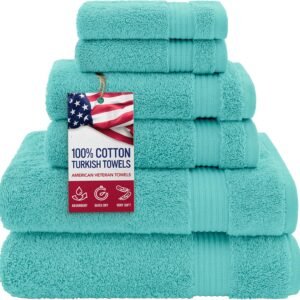 100% Cotton Turkish 6-Piece Towel Set – Luxury Soft & Absorbent Bathroom Essentials, Includes 2 Bath Towels, 2 Hand Towels & 2 Washcloths, Premium Quick-Dry Turkish Cotton Towels for Home, Guest Bath & Spa – Turquoise Blue