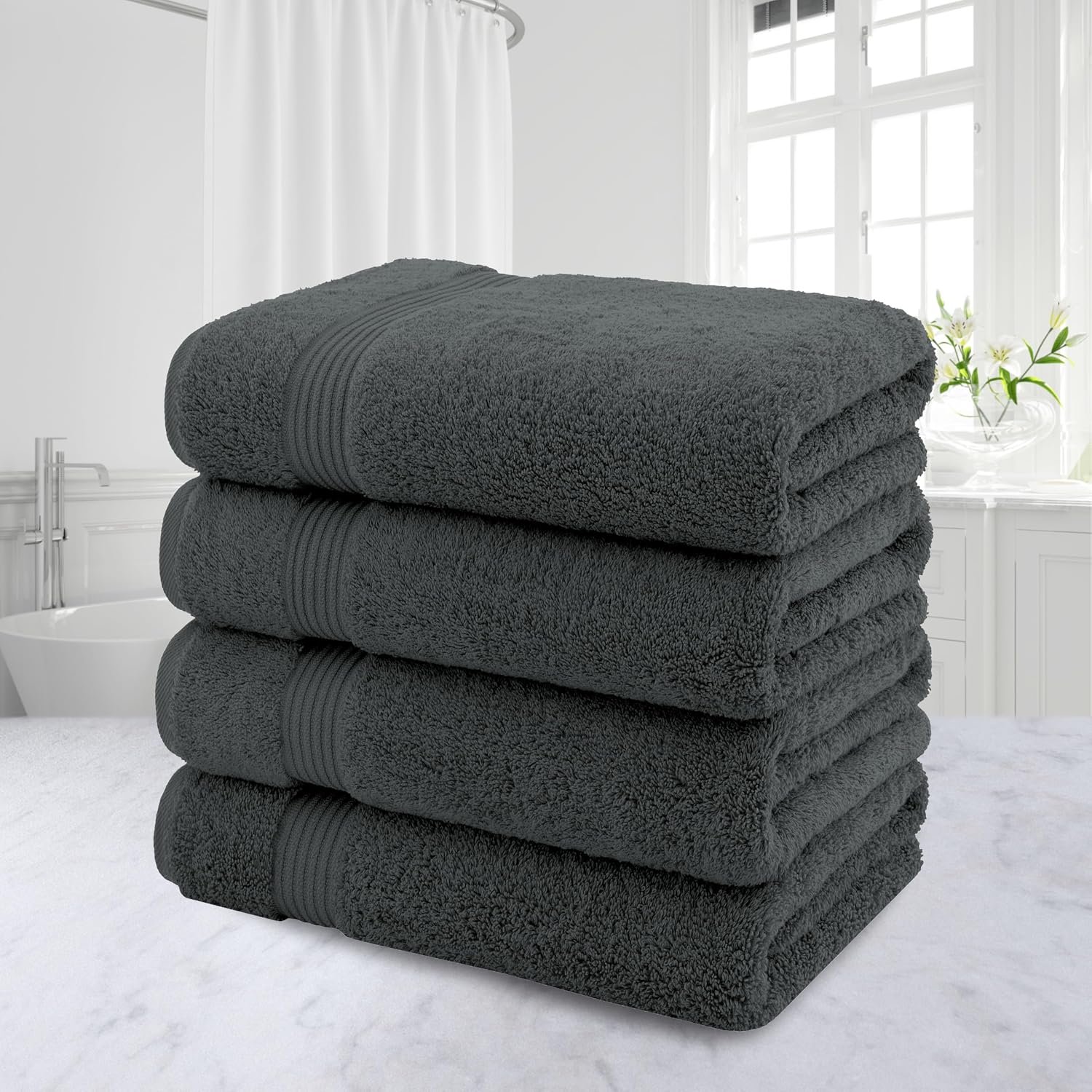 100% Cotton Turkish Bath Towels for Bathroom, 4 Pack, 27" x 54" Extra Large Premium Soft & Absorbent Towels, Quick-Drying, Fluffy and Durable Cotton Bathroom Towels for Home, Hotel, Spa & Gym – Dark Gray - Image 3