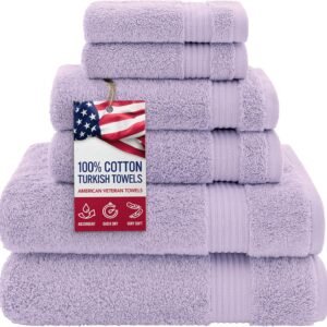 100% Cotton Turkish 6 Piece Towel Set, Luxury Soft & Absorbent Bathroom Towels, Includes 2 Bath Towels, 2 Hand Towels & 2 Washcloths, Premium Quick-Dry Turkish Cotton Bathroom Essentials, Lilac