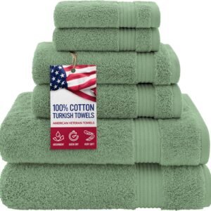 100% Cotton Turkish 6 Piece Towel Set – Luxury Soft & Absorbent Bathroom Towels, Includes 2 Bath Towels, 2 Hand Towels & 2 Washcloths, Premium Quick-Dry Bathroom Essentials for Home, Hotel & Spa – Sage Green