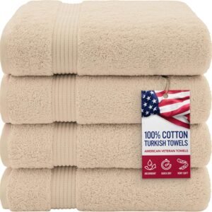 100% Turkish Cotton Bath Towels – 4-Pack, 27" × 54" Extra-Large, Premium Soft, Highly Absorbent & Quick-Drying Bathroom Towels, Beige