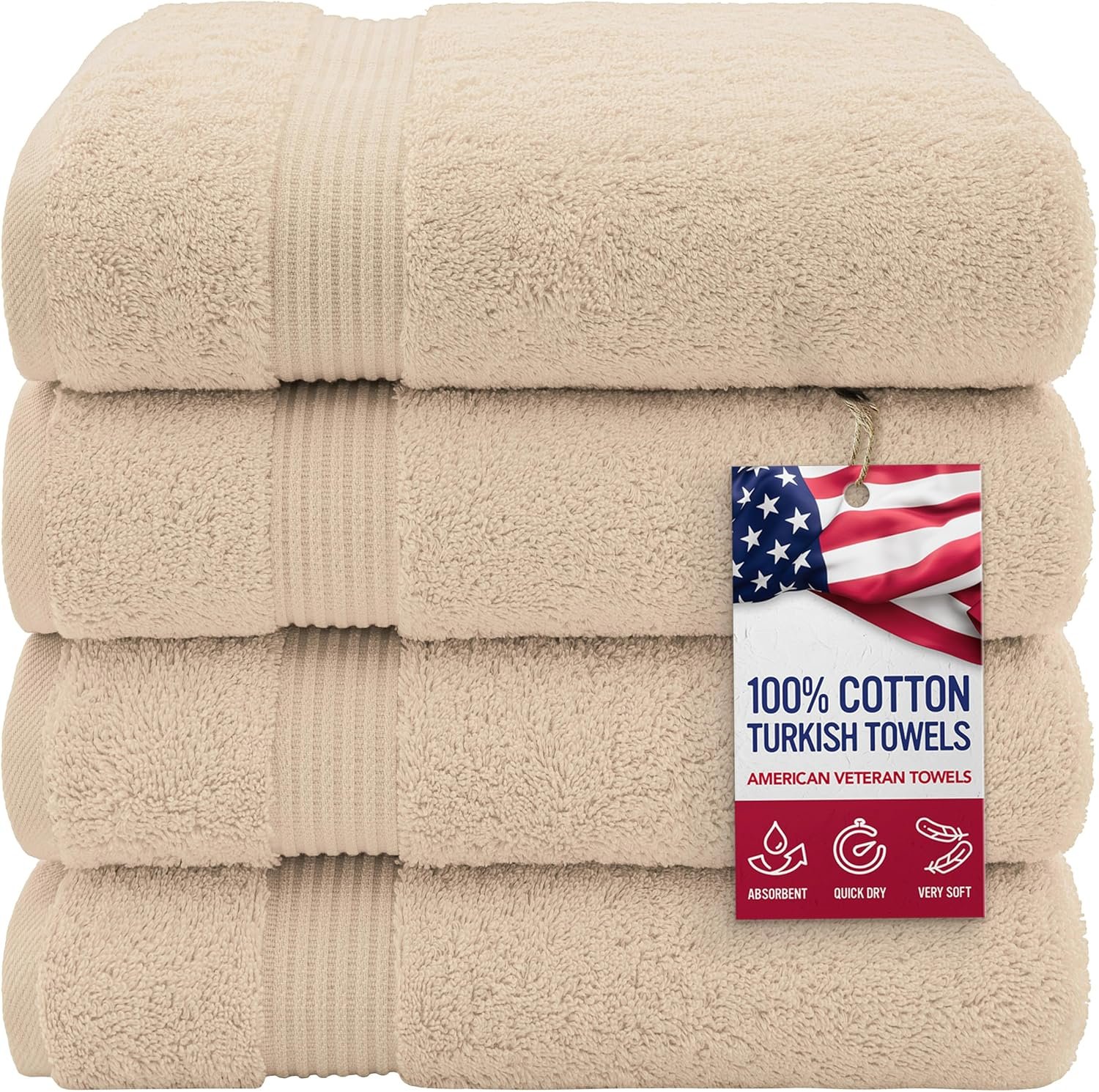 100% Turkish Cotton Bath Towels – 4-Pack, 27" × 54" Extra-Large, Premium Soft, Highly Absorbent & Quick-Drying Bathroom Towels, Beige