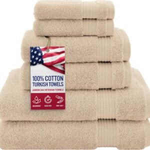 American Veteran 6-Piece Luxury Towel Set – 100% Cotton Turkish Towels, Soft, Absorbent & Quick Dry Bathroom Set with 2 Bath Towels, 2 Hand Towels & 2 Washcloths, Premium Hotel Quality, Beige