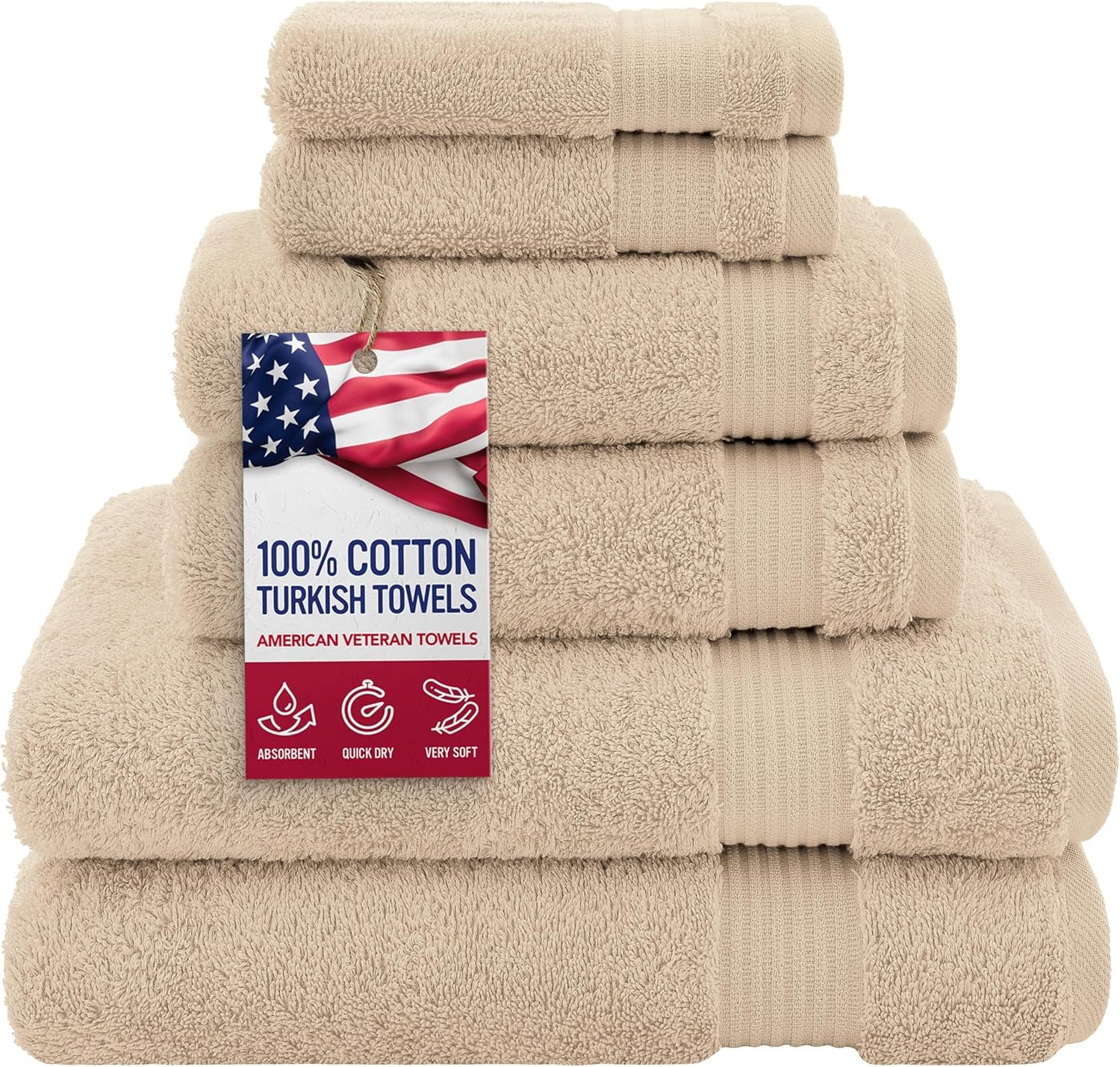 American Veteran 6-Piece Luxury Towel Set – 100% Cotton Turkish Towels, Soft, Absorbent & Quick Dry Bathroom Set with 2 Bath Towels, 2 Hand Towels & 2 Washcloths, Premium Hotel Quality, Beige