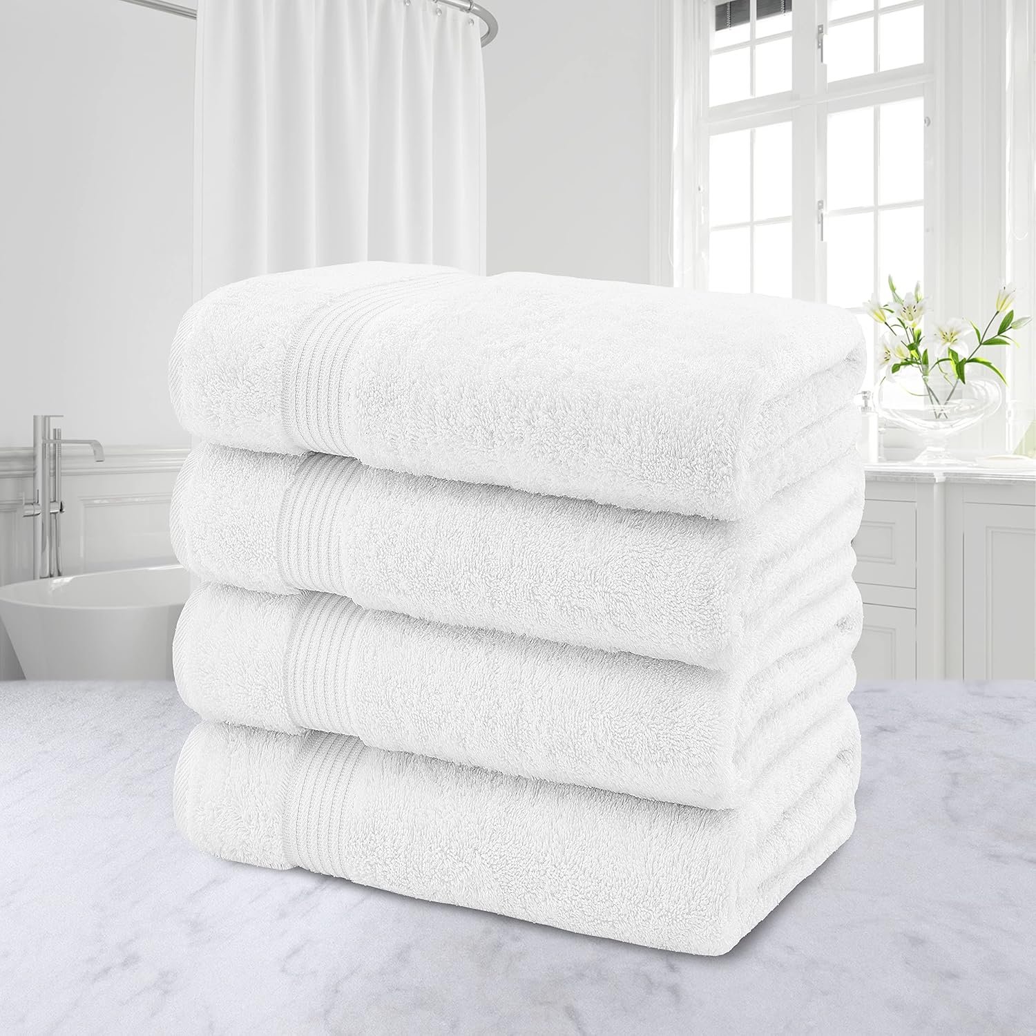 100% Turkish Cotton Bath Towels – 4-Pack, 27" × 54" Extra-Large, Premium Soft, Highly Absorbent & Quick-Drying Bathroom Towels, White - Image 3