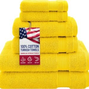 100% Cotton Turkish 6-Piece Towel Set – Luxury Soft & Absorbent Bathroom Towels, Includes 2 Bath Towels, 2 Hand Towels & 2 Washcloths, Premium Quick-Dry Towels for Bathroom Essentials, Home, Hotel & Spa – Yellow