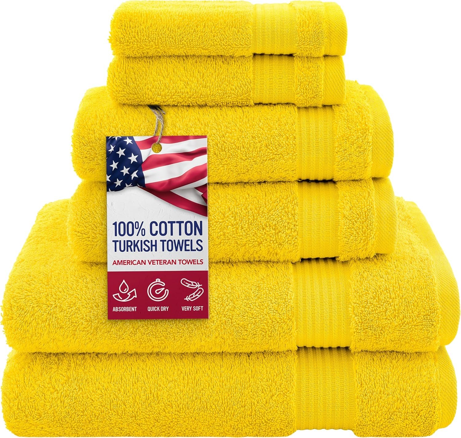 100% Cotton Turkish 6-Piece Towel Set – Luxury Soft & Absorbent Bathroom Towels, Includes 2 Bath Towels, 2 Hand Towels & 2 Washcloths, Premium Quick-Dry Towels for Bathroom Essentials, Home, Hotel & Spa – Yellow