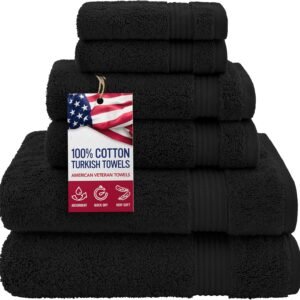 100% Cotton Turkish 6 Piece Towel Set – Luxury Soft & Absorbent Bathroom Essentials, Includes 2 Bath Towels, 2 Hand Towels & 2 Washcloths, Premium Quick-Dry Towels for Home, Guest Bath, Hotel & Spa – Black