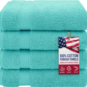 100% Turkish Cotton Bath Towels – 4-Pack, 27" × 54" Extra-Large, Premium Soft, Highly Absorbent & Quick-Drying Bathroom Towels, Turquoise Blue