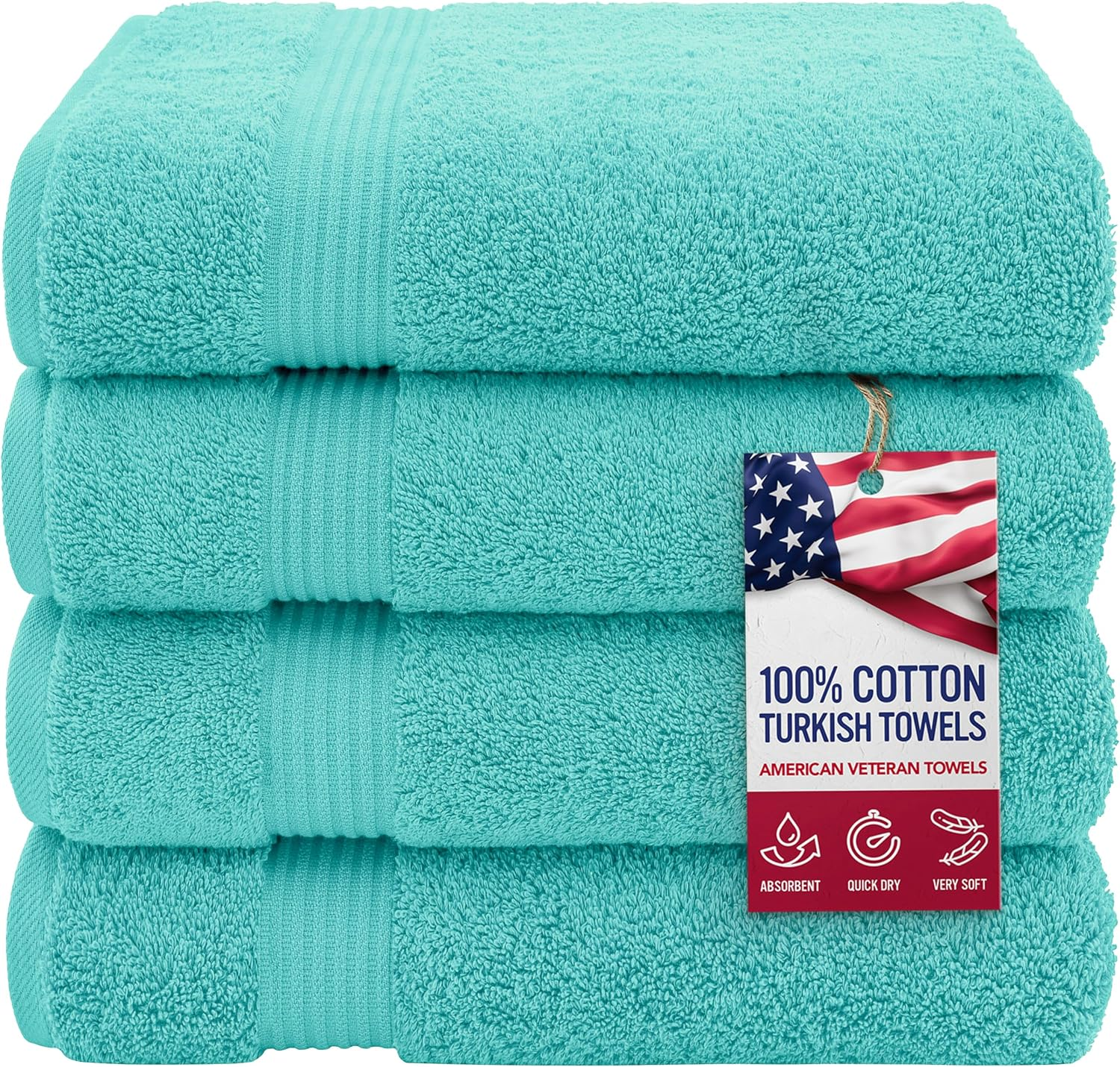 100% Turkish Cotton Bath Towels – 4-Pack, 27" × 54" Extra-Large, Premium Soft, Highly Absorbent & Quick-Drying Bathroom Towels, Turquoise Blue