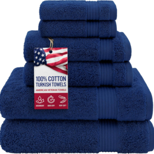 American Veteran 100% Cotton Turkish 6 Piece Luxury Towel Set - 2 Bath, 2 Hand, 2 Washcloths in Navy Blue