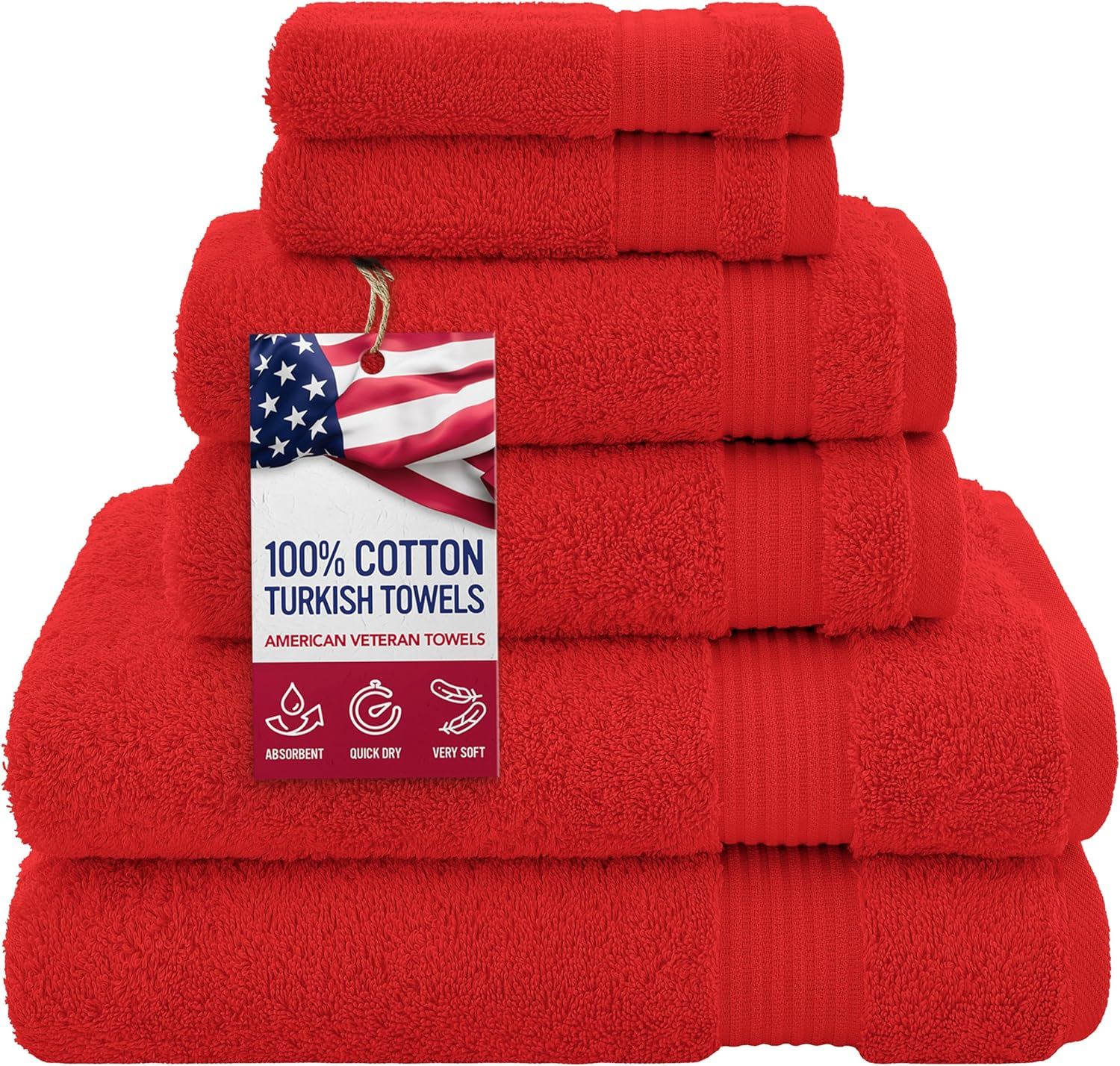 , 100% Cotton Turkish 6 Piece Towel Set, Luxury Towels Set of 6 for Bathroom Essentials, 2 Bath Towels 2 Hand Towels 2 Washcloths, Red