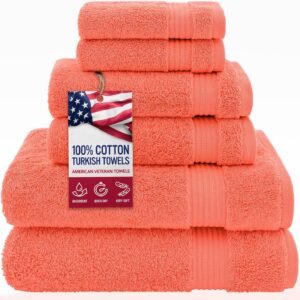 100% Cotton Turkish 6-Piece Towel Set – Luxury Soft & Absorbent Bathroom Essentials with 2 Bath Towels, 2 Hand Towels & 2 Washcloths. Premium, Durable and Quick-Drying Towel Set for Home, Guest Bath & Spa – Coral.