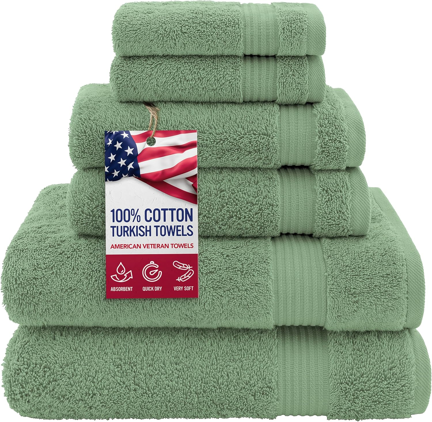 100% Cotton Turkish 6 Piece Towel Set – Luxury Soft & Absorbent Bathroom Towels, Includes 2 Bath Towels, 2 Hand Towels & 2 Washcloths, Premium Quick-Dry Bathroom Essentials for Home, Hotel & Spa – Sage Green - Image 2