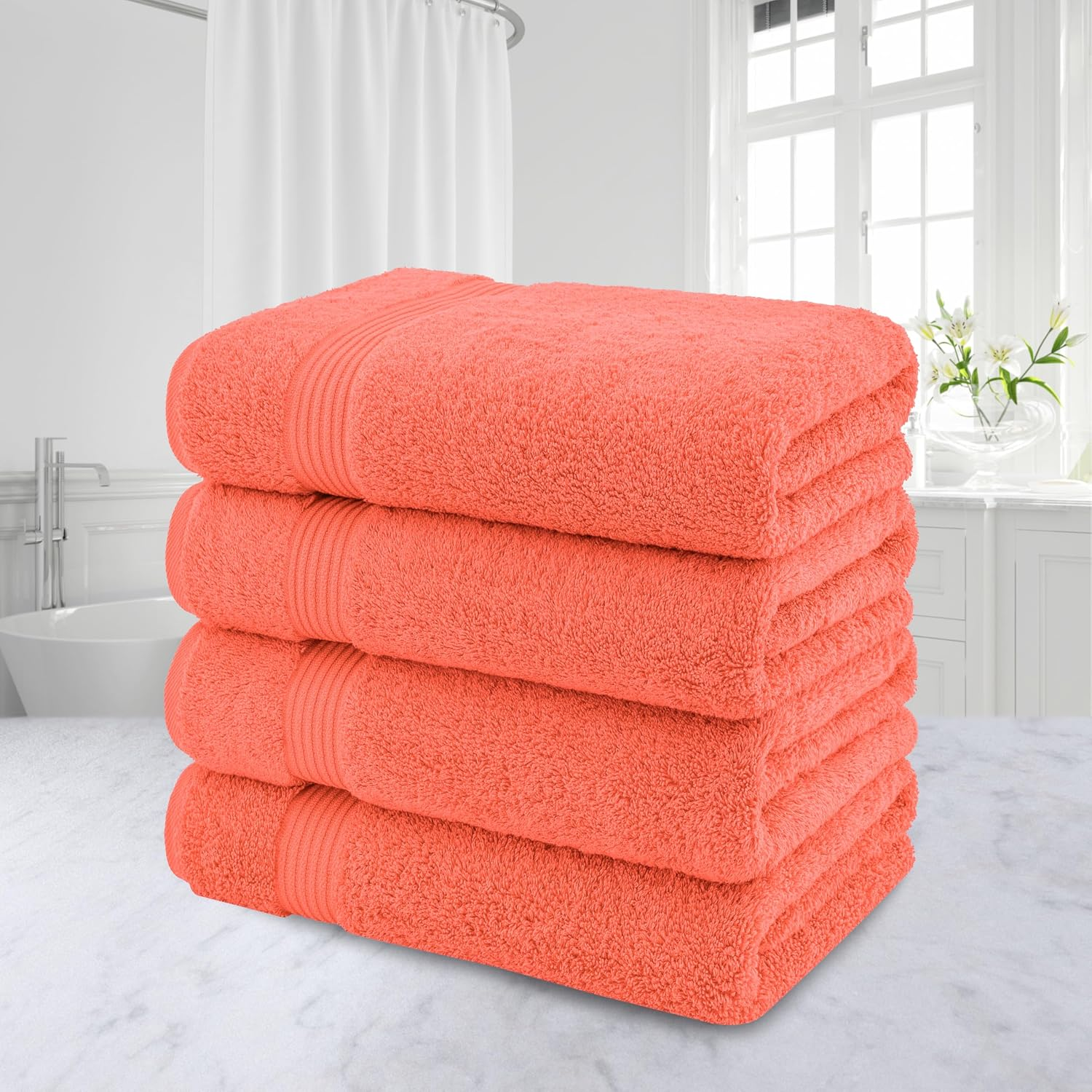 100% Cotton Turkish Bath Towels – 4 Pack, 27" x 54" Extra Large, Premium Soft, Absorbent & Quick-Drying Bathroom Towels – Coral - Image 2